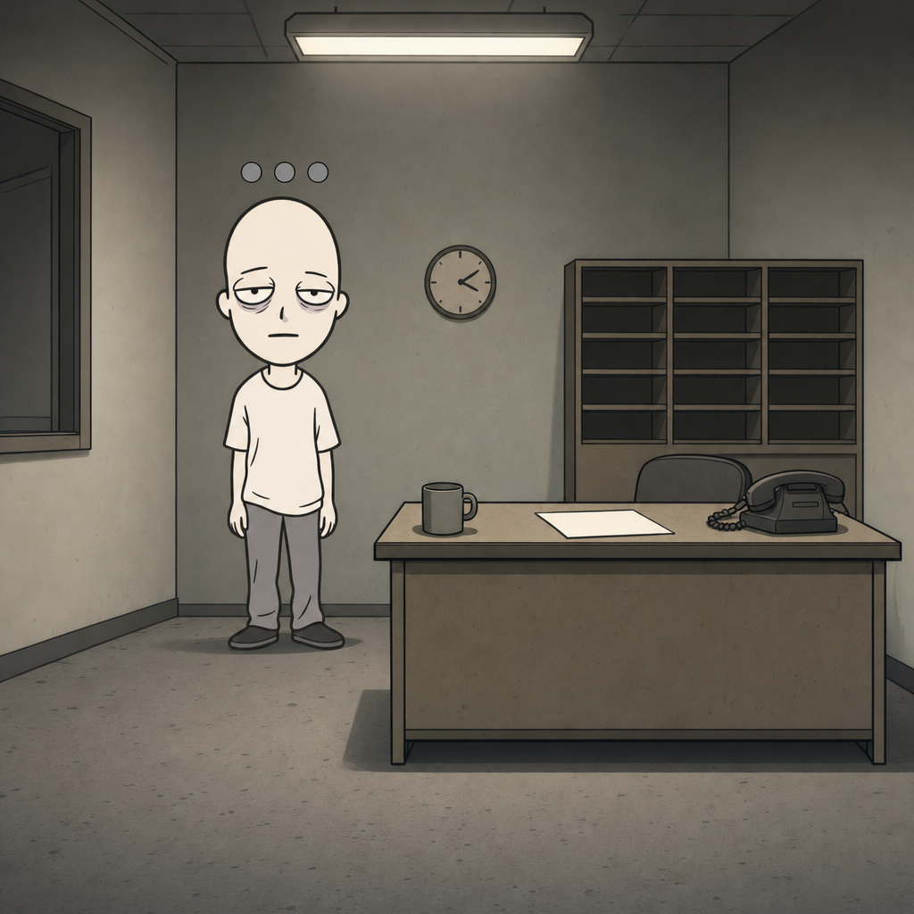 The same character standing beside an empty office desk with a phone, a mug and a blank sheet of paper under a fluorescent light
